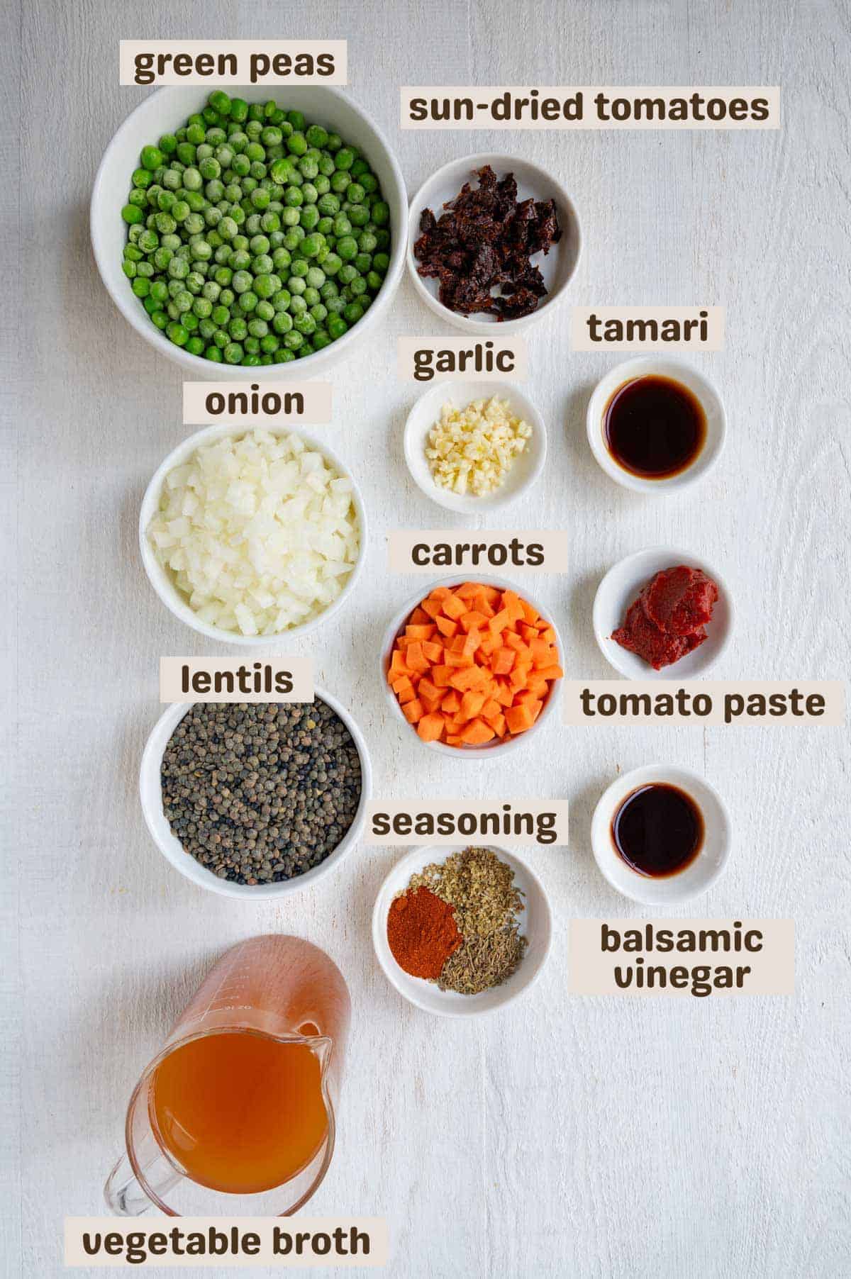 Green peas, sun-dried tomatoes, tomato paste, tamari, garlic, lentils, vegetable broth, seasoning, and carrots.