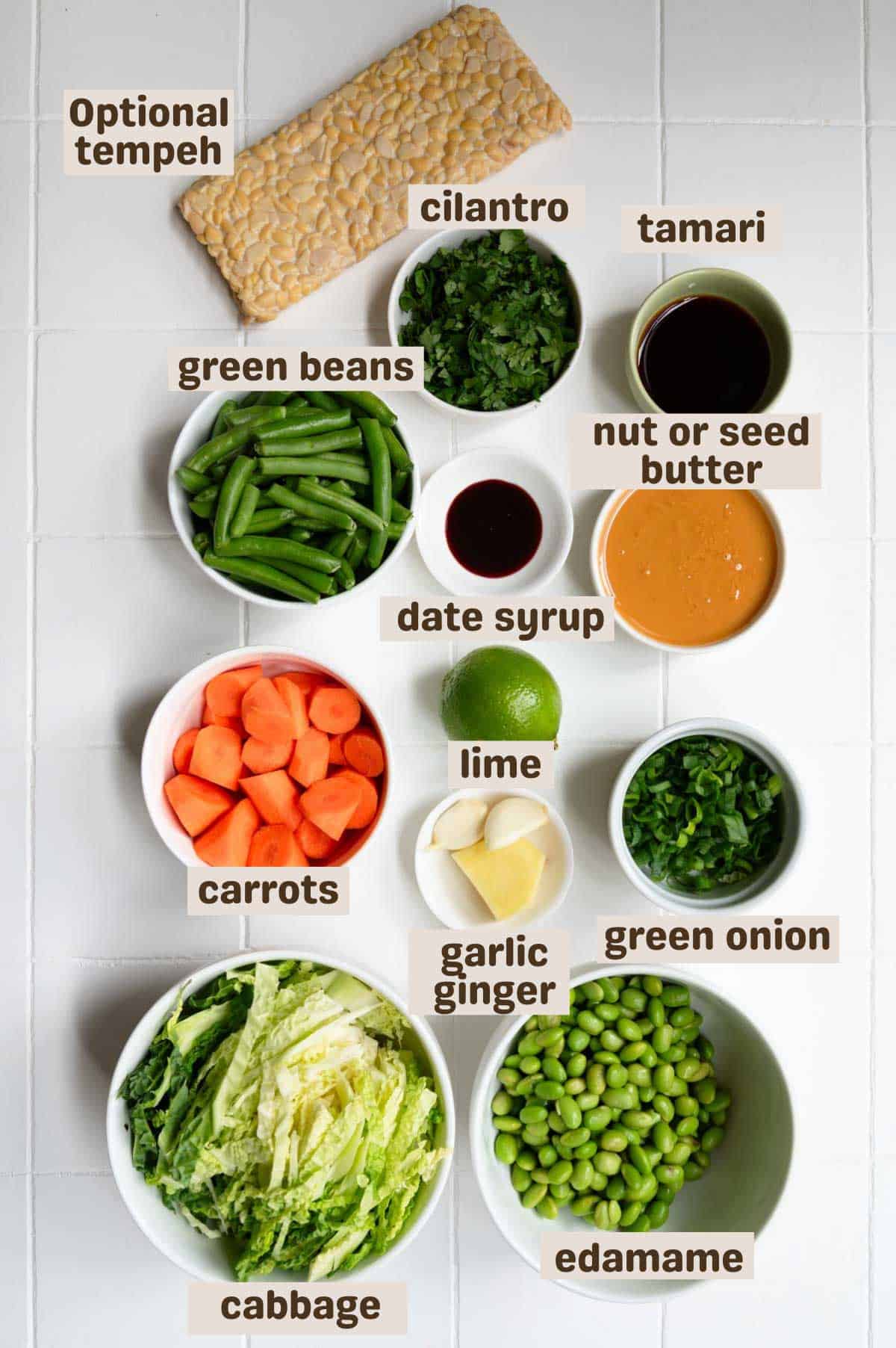 Tempeh, edamame, cabbage, green beans, carrots, green onion, cilantro, garlic, ginger, lime, and date syrup.