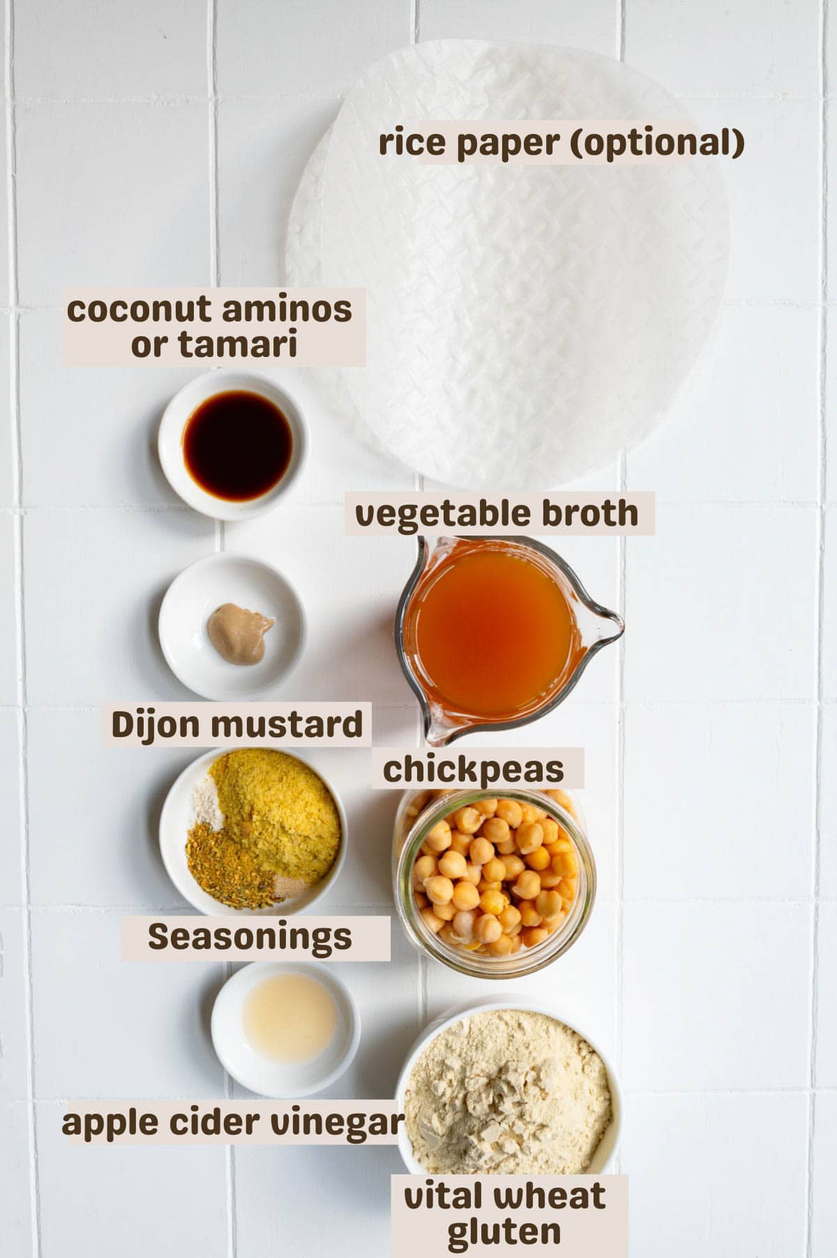 Rice paper, coconut aminos, apple cider vinegar, chickpeas, nutritional yeast, poultry seasoning, garlic powder, onion powder, vegetable broth, and Dijon mustard.