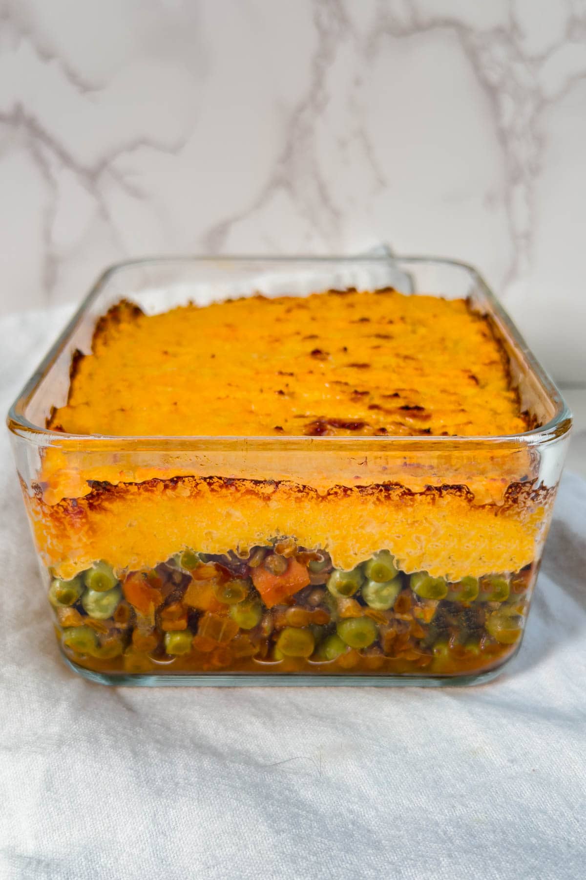 Vegetarian Lentil Shepherd's Pie in a glass baking dish.