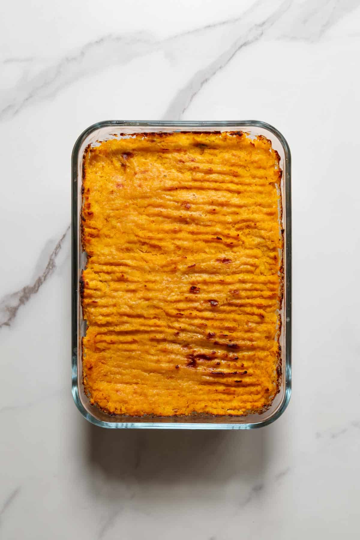 Vegetarian Lentil Shepherd's Pie in a glass baking dish.