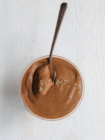 High-Protein Chocolate Chia Pudding in a glass bowl with a spoon.