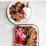 Gluten-free berry crisp with no added sugar in a glass baking dish.