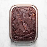 Healthy black bean brownies in a glass baking dish.