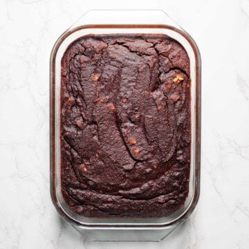 Healthy black bean brownies in a glass baking dish.