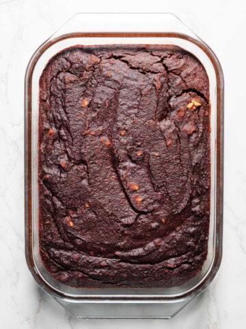 Healthy black bean brownies in a glass baking dish.
