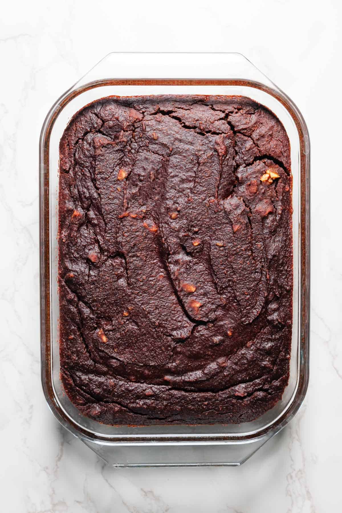 Healthy black bean brownies in a glass baking dish.