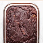 Healthy black bean brownies in a glass baking dish.