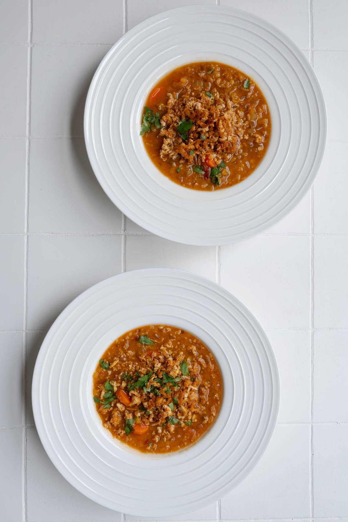 Tomato lentil soup with crumbled tofu in two white bowls.