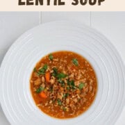 Tomato lentil soup with crumbled tofu in a white bowl.