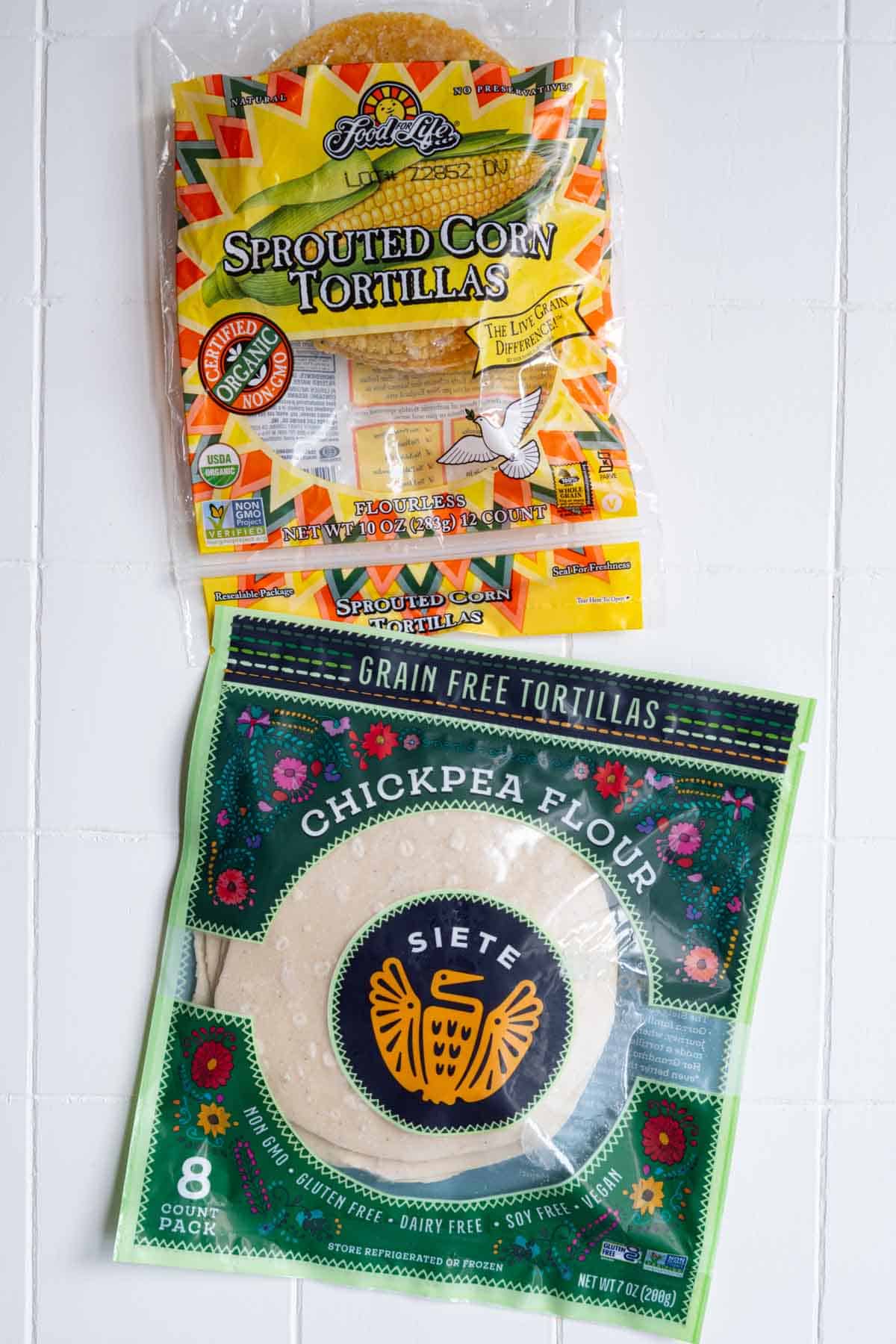 Two types of tortillas, corn and almond flour.