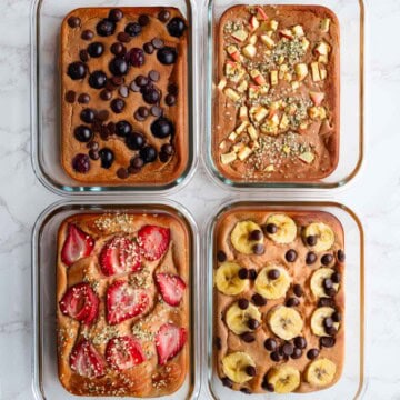 Baked red lentil protein pancakes with toppings in four meal prep glass containers.