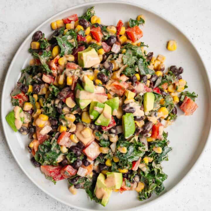 Black bean, corn, and avocado salad with chipotle dressing.