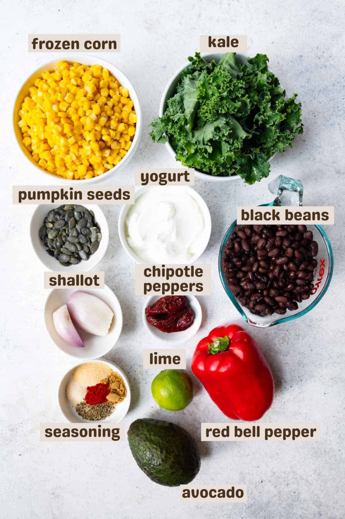 Corn, kale, yogurt, pumpkin seeds, shallot, seasoning, lime, chipotle peppers, black beans, and avocado.