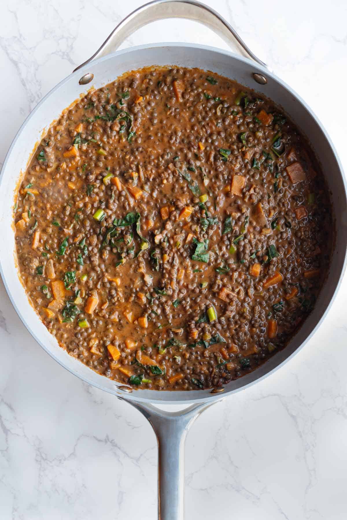 Creamy lentils, greens, and sweet potato cooked in broth and tomato sauce with seasonings and aromatics.