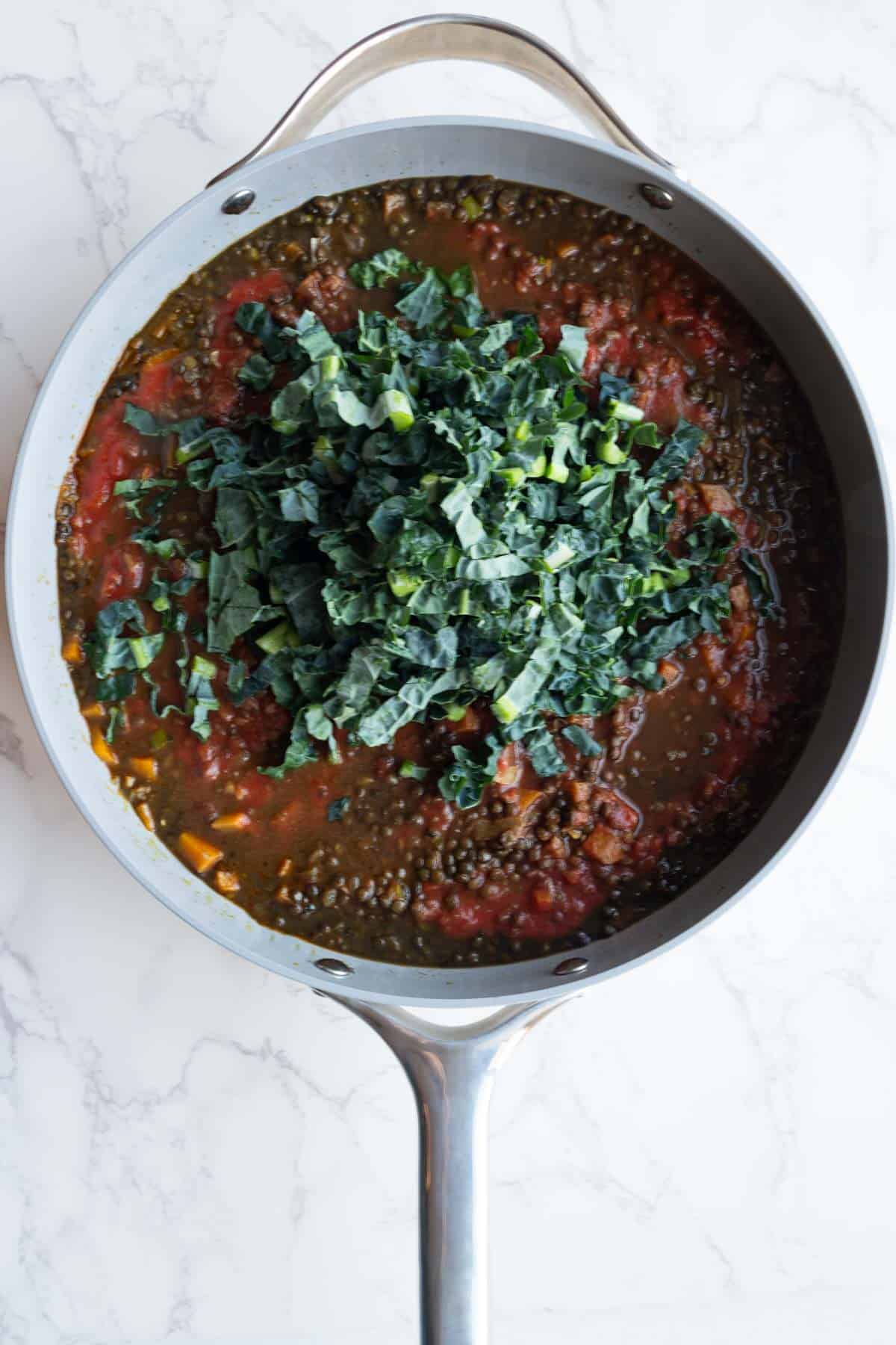 Lentils and sweet potato cooked in broth and tomato sauce with seasonings and aromatics topped with chopped kale.