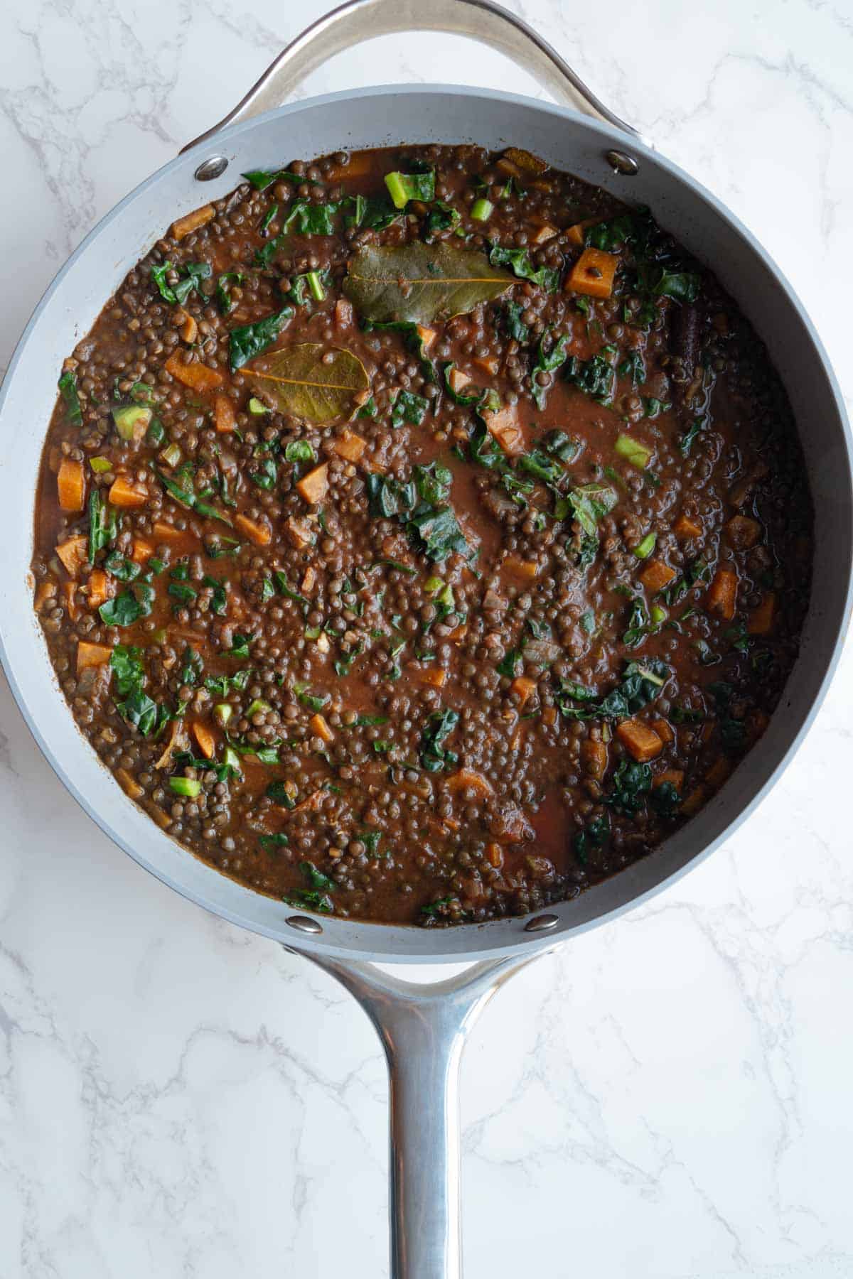 Lentils, greens, and sweet potato cooked in broth and tomato sauce with seasonings and aromatics.