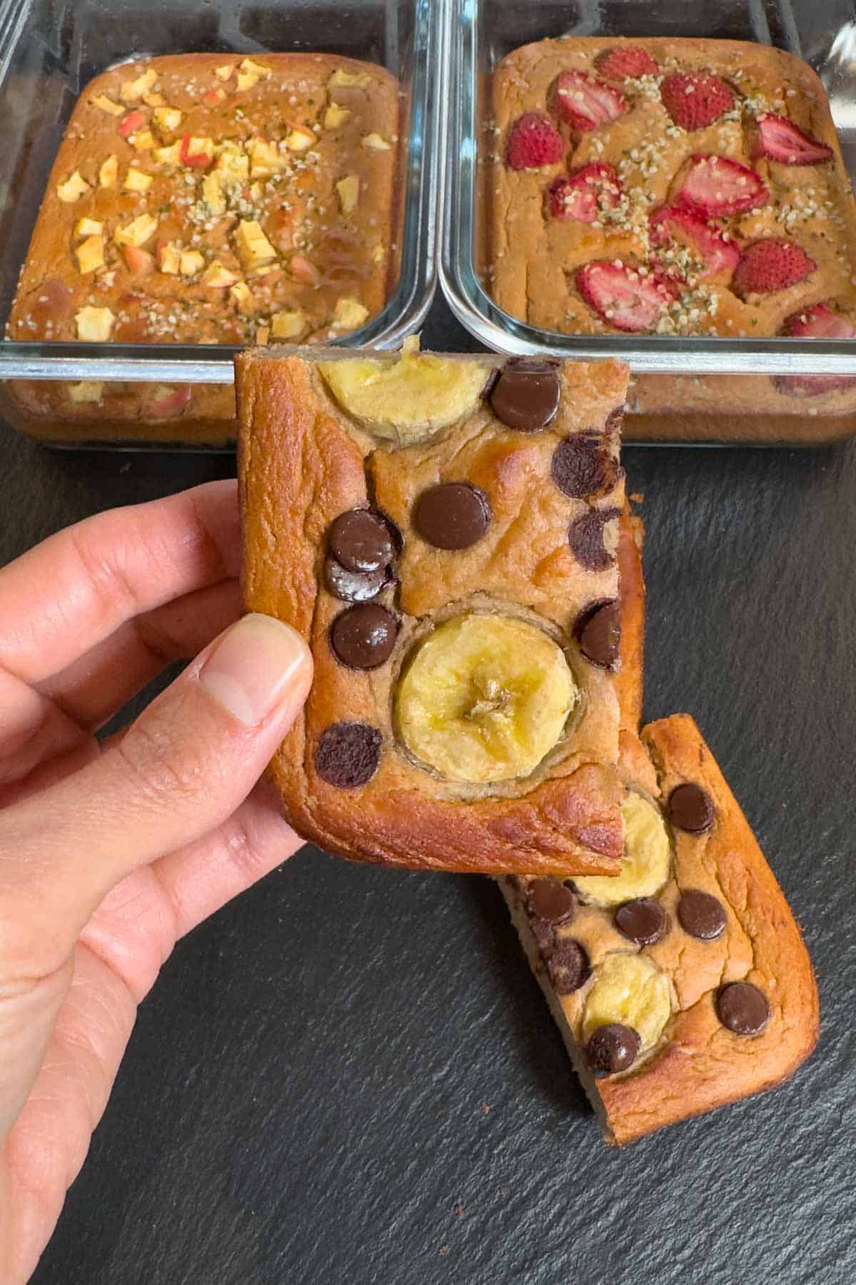 Sliced chocolate chip banana baked red lentil protein pancakes.