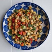 Smoky lemon herb bean salad in a bowl.
