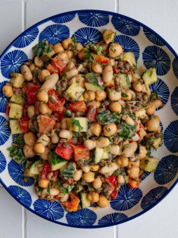 Smoky lemon herb bean salad in a bowl.