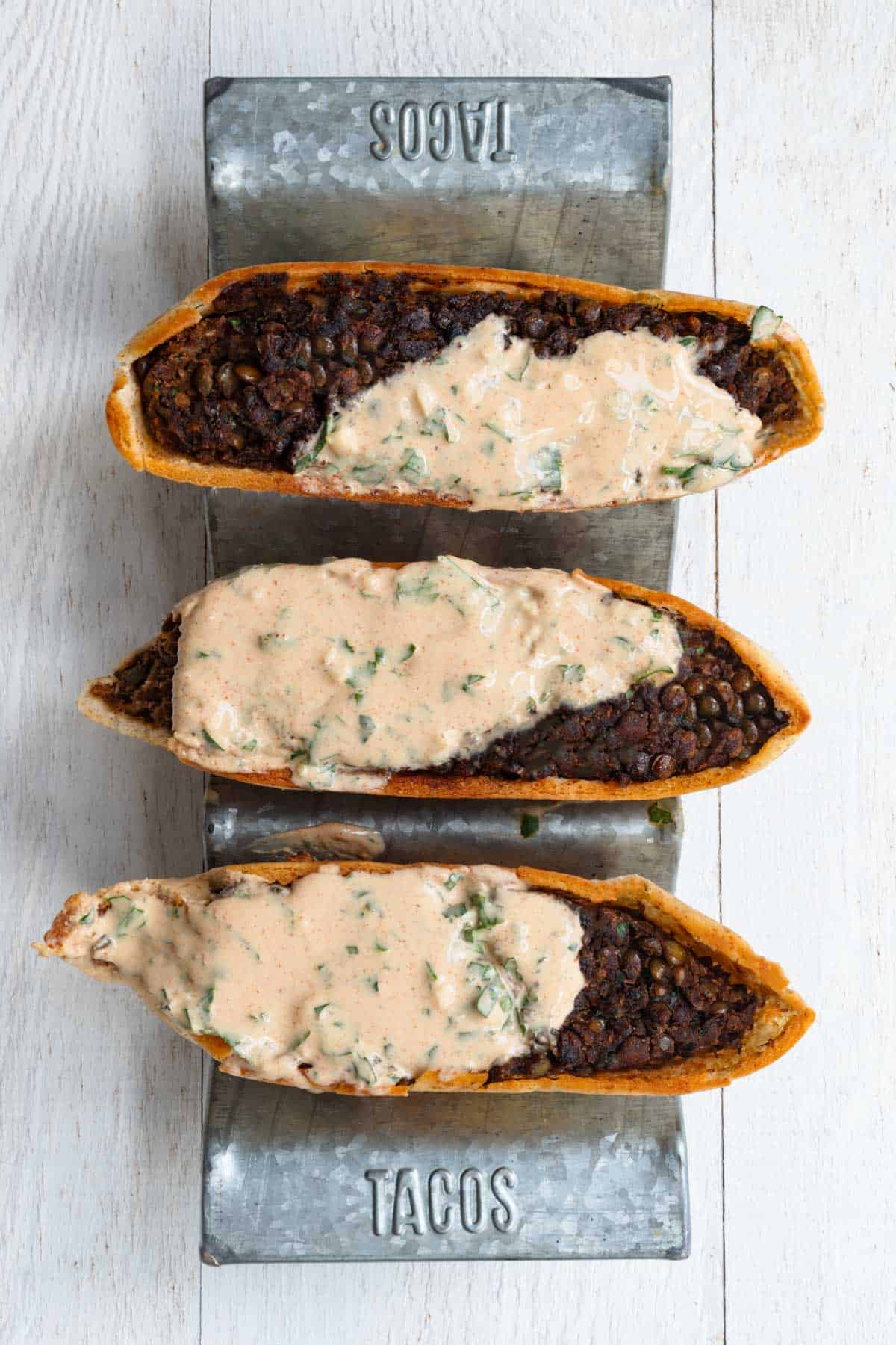 Lentil arayes recipe with Greek yogurt dressing.