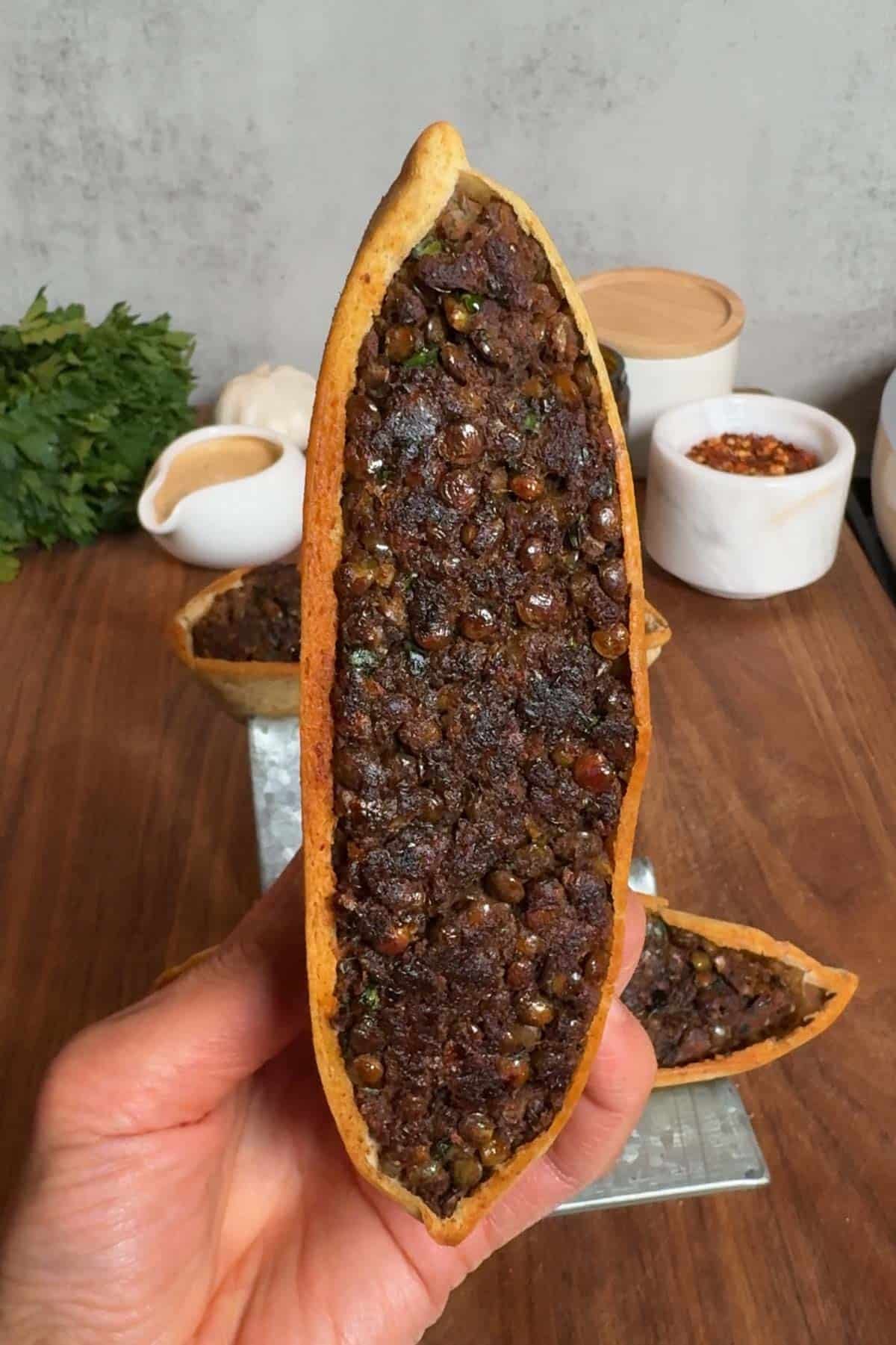 Lentil arayes recipe with Greek yogurt dressing.