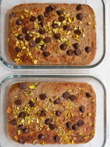 Healthy high-protein banana loaf with yogurt in two baking dishes.