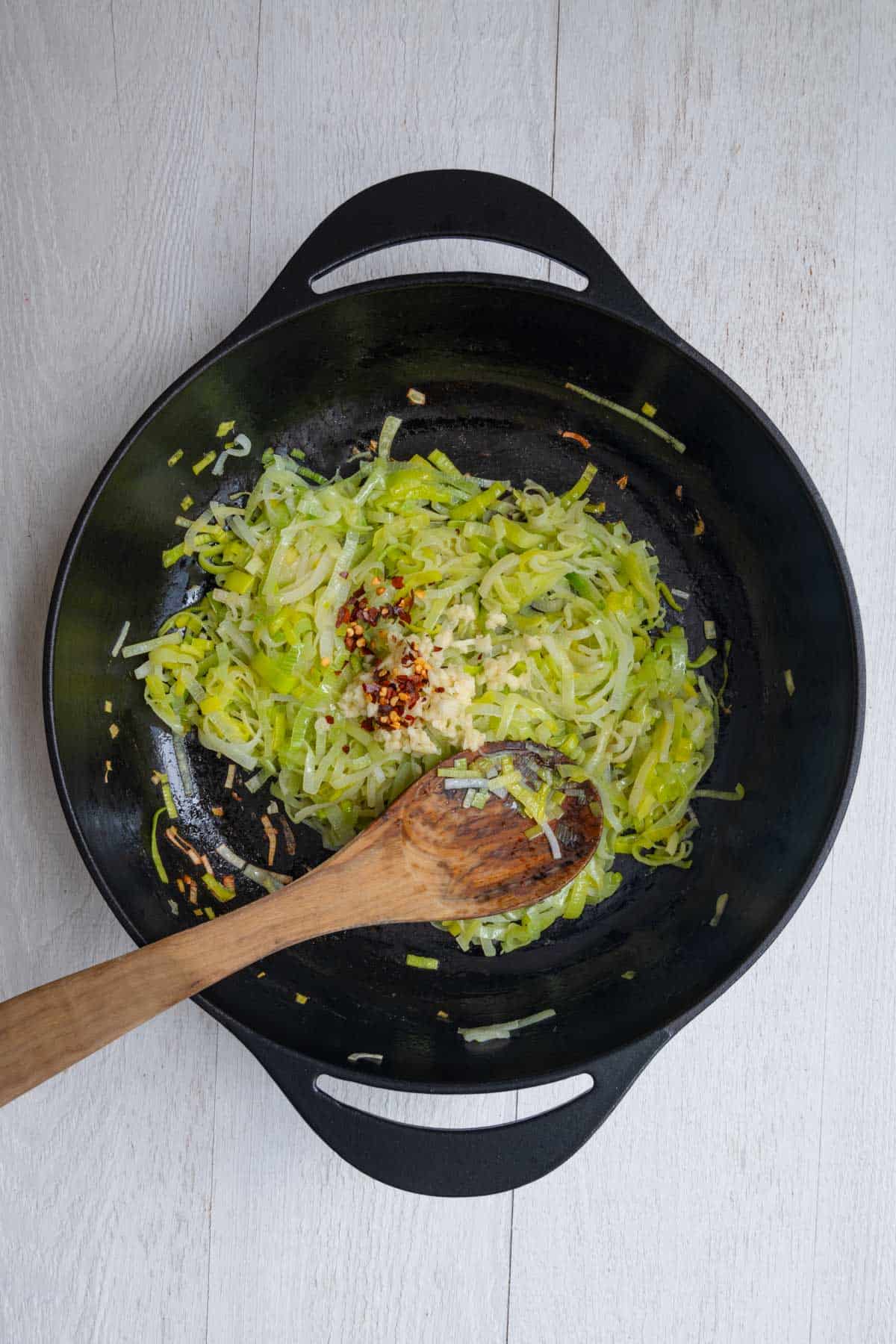 Sautéd leek with minced garlic and crushed red pepper.
