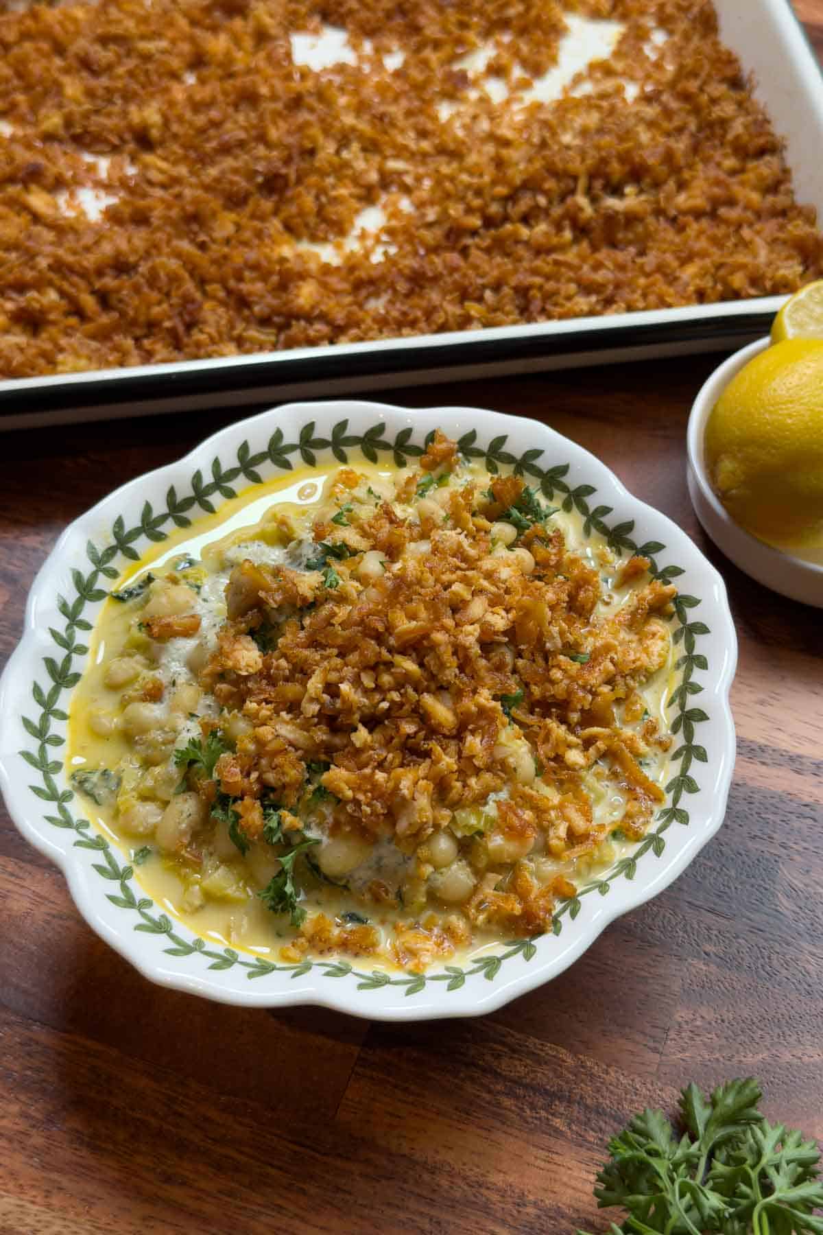 Creamy white beans topped with hemp cream and crispy tofu.