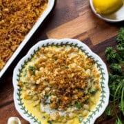 Creamy white beans with amaranth topped with crispy tofu and hemp cream.