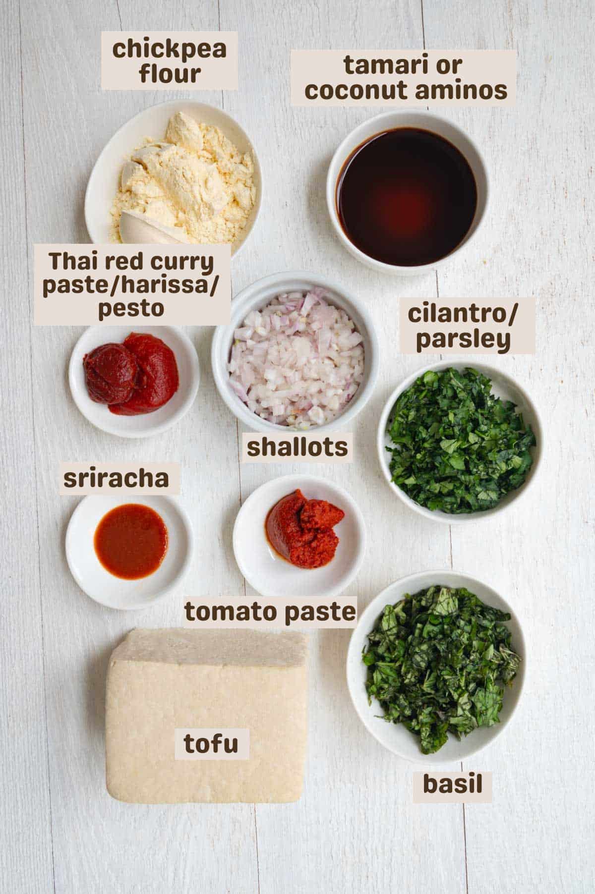 Extra firm tofu, fresh basil, cilantro, coconut aminos, tomato paste, Thai red curry paste, and shallots.