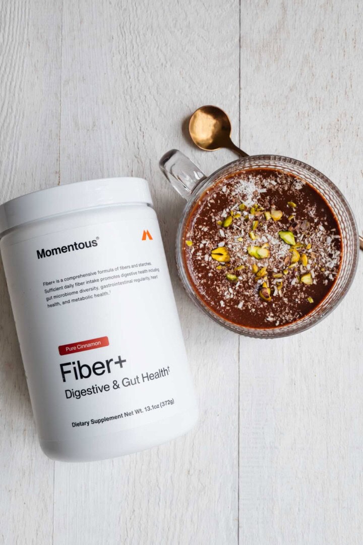 Momentous Fiber supplement and dark chocolate pudding.