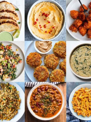 Six images of super bowl-friendly vegan recipes in a grid format.