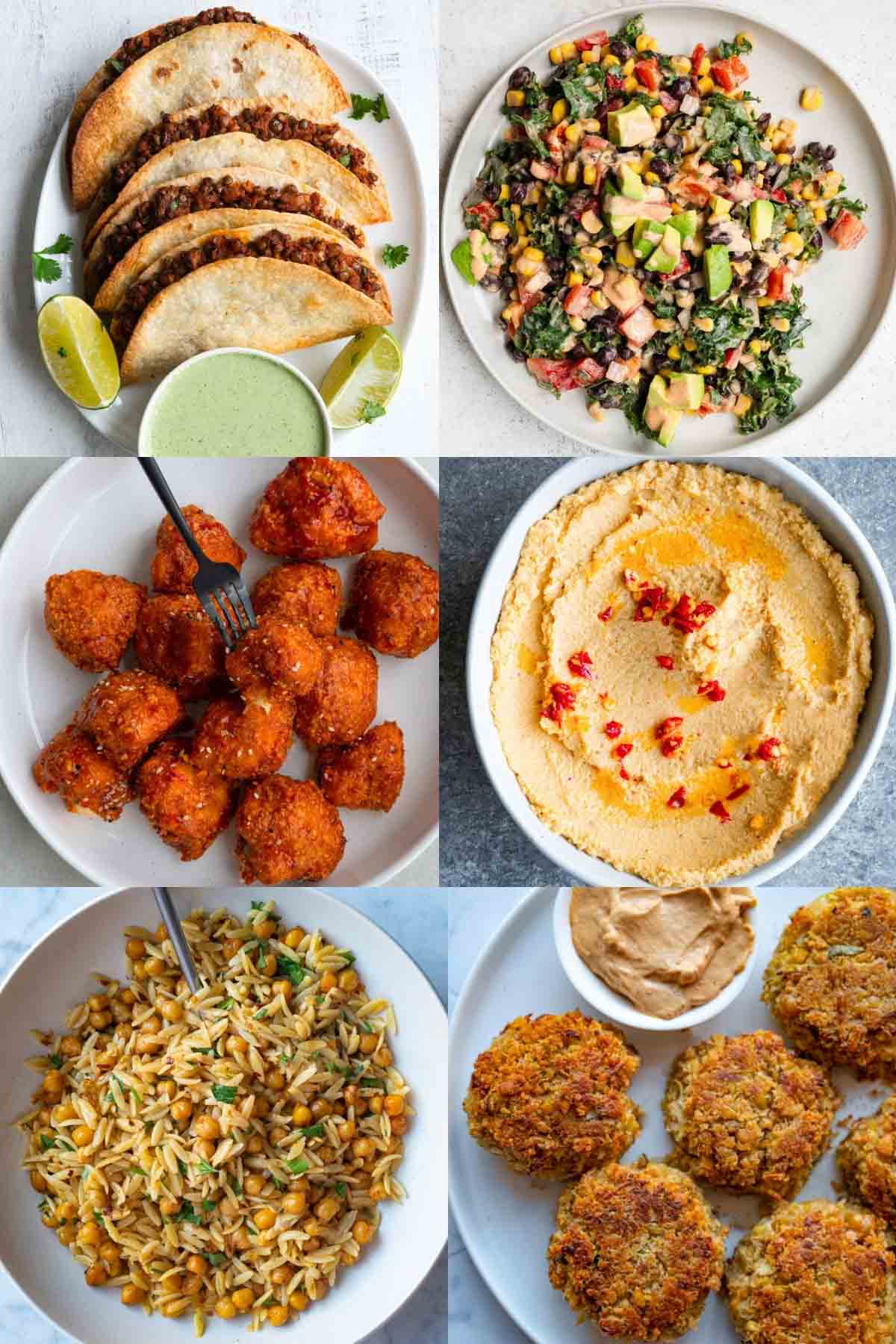 Six images of super bowl-friendly vegan recipes in a grid format.