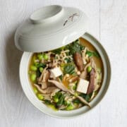 Easy vegan ramen with silken tofu and mushrooms in a bowl.