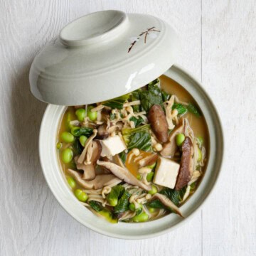 Easy vegan ramen with silken tofu and mushrooms in a bowl.