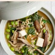 Easy vegan ramen with silken tofu and mushrooms in a bowl.