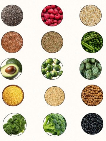 Chia seeds, raspberries, oats, flaxseeds, lentils, green peas, avocado, Brussels sprouts, artichoke, split yellow lentils, barley, chickpeas, pear, broccoli, black beans image.