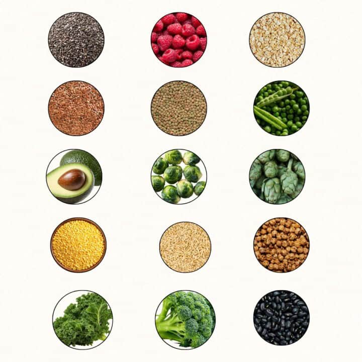 Chia seeds, raspberries, oats, flaxseeds, lentils, green peas, avocado, Brussels sprouts, artichoke, split yellow lentils, barley, chickpeas, pear, broccoli, black beans image.