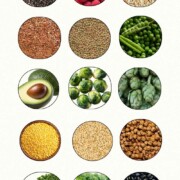 Chia seeds, raspberries, oats, flaxseeds, lentils, green peas, avocado, Brussels sprouts, artichoke, split yellow lentils, barley, chickpeas, pear, broccoli, black beans image.