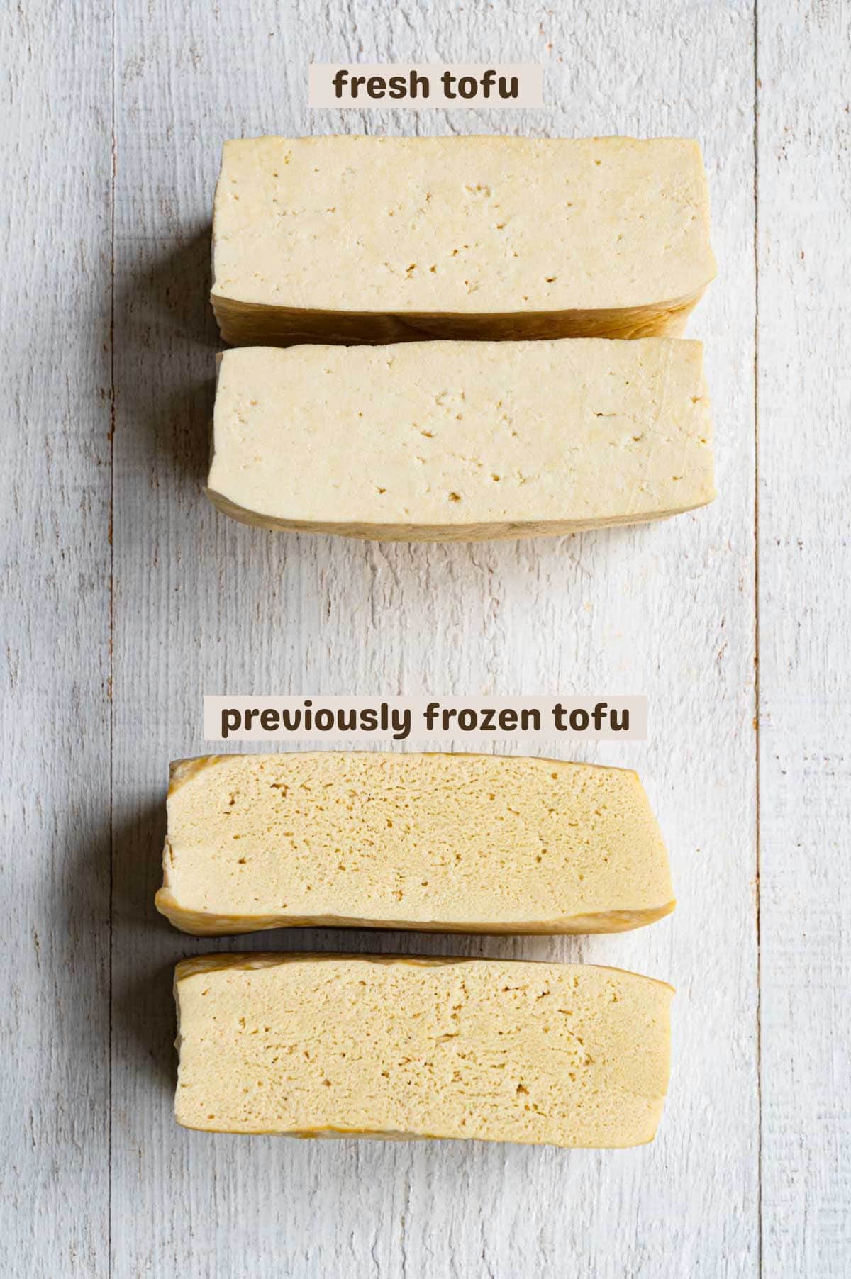Frozen tofu sliced and unfrozen tofu sliced showing the texture difference.