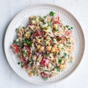 Greek Orzo Pasta Salad on a white plate.