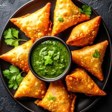 Healthy green chutni in a bowl served with samosas.