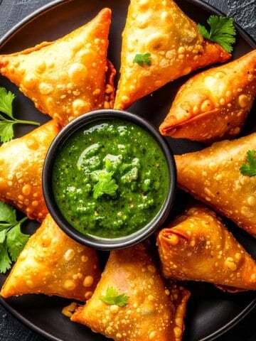 Healthy green chutni in a bowl served with samosas.