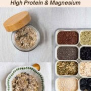 Healthy homemade muesli with ground flaxseeds, hemp hearts, dried tart cherries, prunes, oat bran, rolled oats, chia seeds, and hemp hearts.