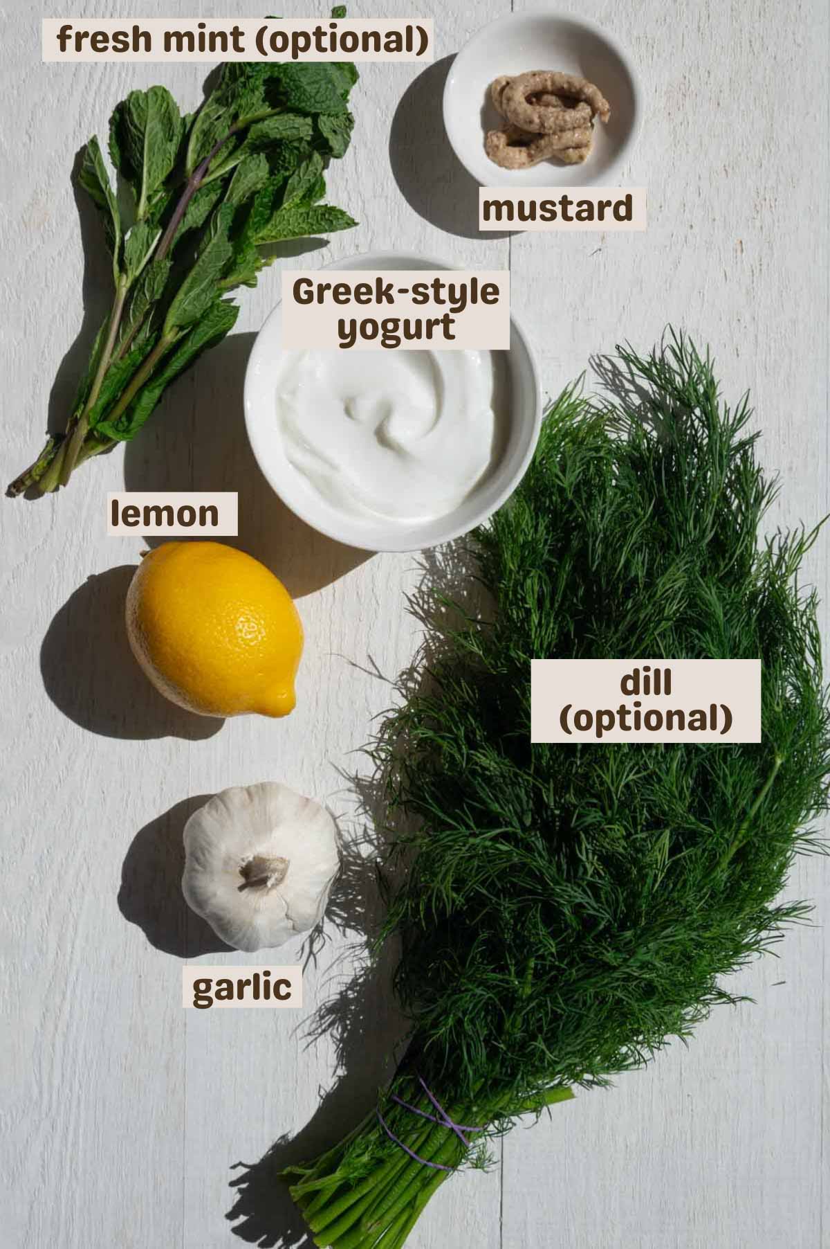 Mint, lemon, yogurt, mustard, dill, and garlic.