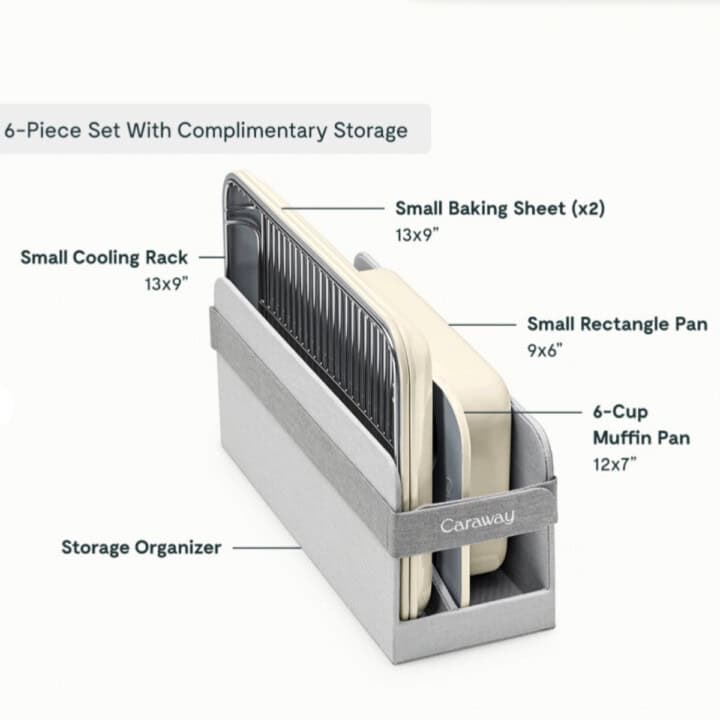 Caraway mini bakeware: muffin pan, baking sheet, and rectangle pan.