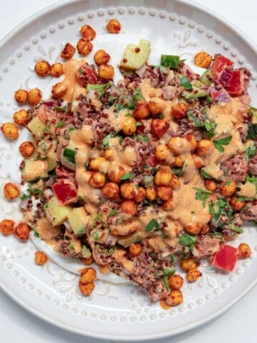 Chickpea Quinoa Mediterranean Salad on a white plate.