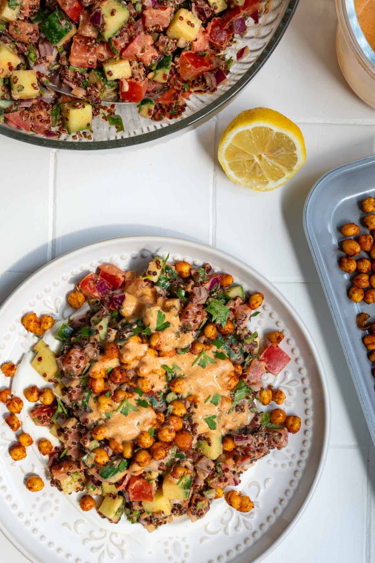 Creamy orange dressing on Quinoa Chickpea Mediterranean Salad.