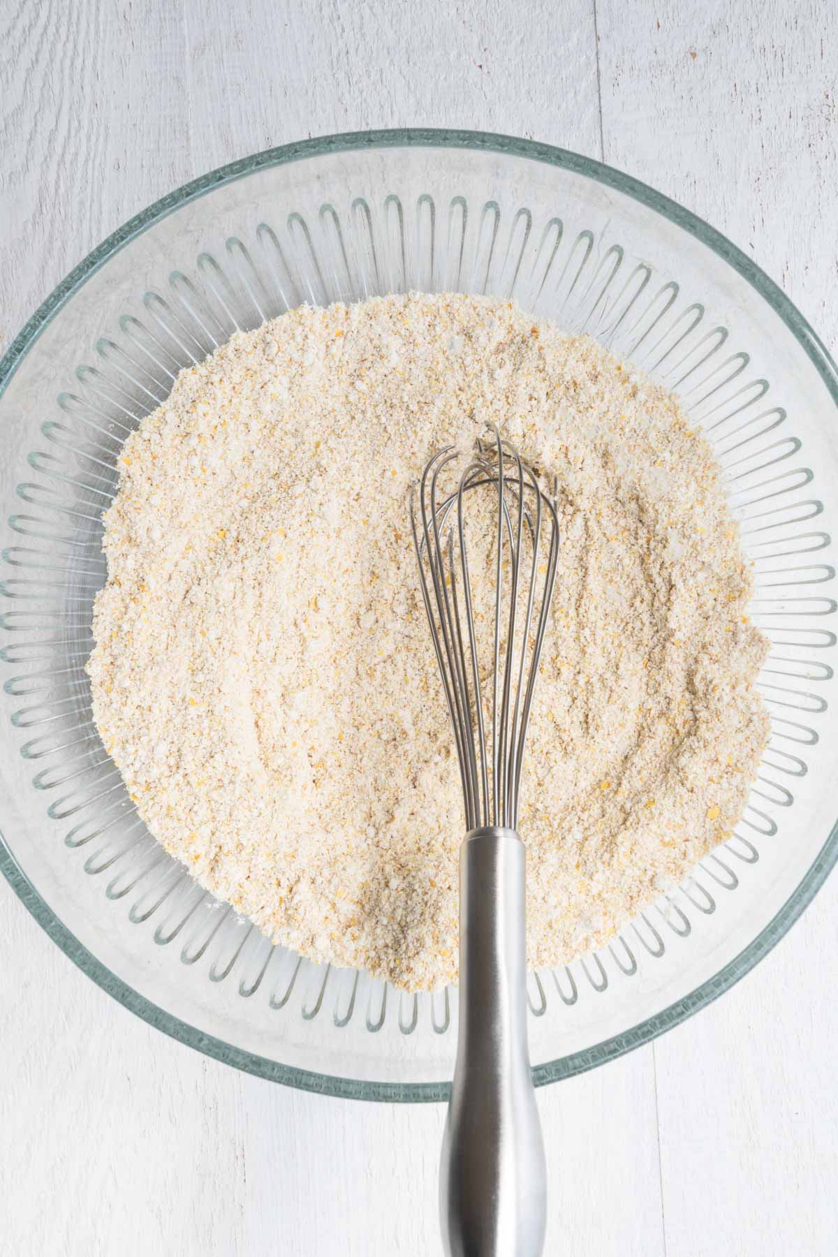Oat flour, psyllium husk, nutritional yeast, and baking soda whisked.